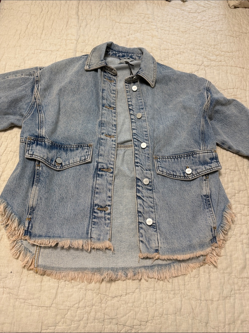 AllSaints Light Blue Denim Jacket with Frayed Hem